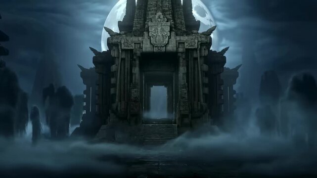 Mysterious ancient temple shrouded in fog under a full moon. A captivating scene evoking intrigue and exploration in a fantasy setting