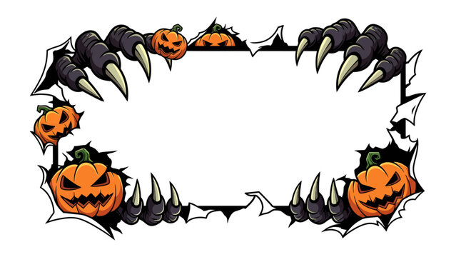 Spooky Halloween Border: A menacing creature's claws tear through a surface, revealing glowing jack-o'-lanterns and hinting at the frightful fun of Halloween.
