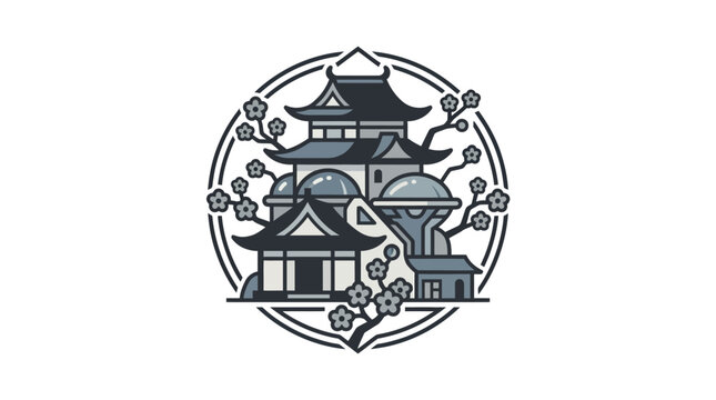 Japanese pagoda temple icon inside a decorative circle.