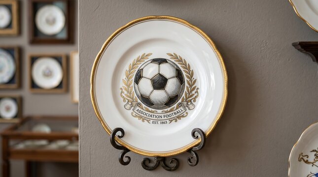 Photorealistic luxury product showcase presentation displaying a decorative porcelain plate printed with gold sport