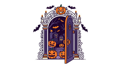Haunted Halloween Gateway: An ornate gateway stands ajar, revealing a spooky Halloween scene filled with jack-o'-lanterns, ghosts, and bats under a moonlit sky. © abidakhatun
