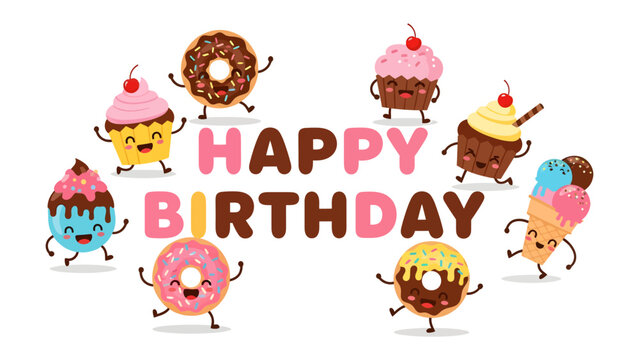 Happy Birthday Desserts Party: A cheerful collection of cartoon cupcakes, donuts, and ice cream cones dance around the words Happy Birthday, creating a vibrant and fun celebration scene.
