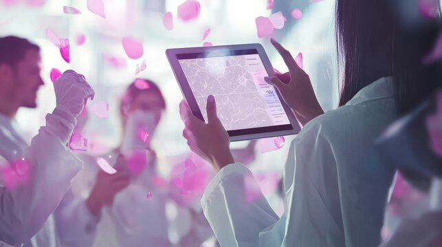 Woman using tablet with floating petals