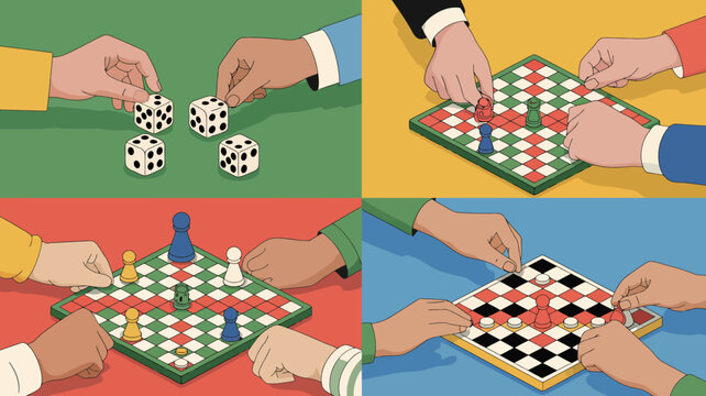 Illustrated sequence of hands playing board game with dice and checkers on colorful abstract background