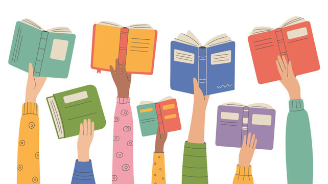 Colorful hands holding different types of notebooks and books