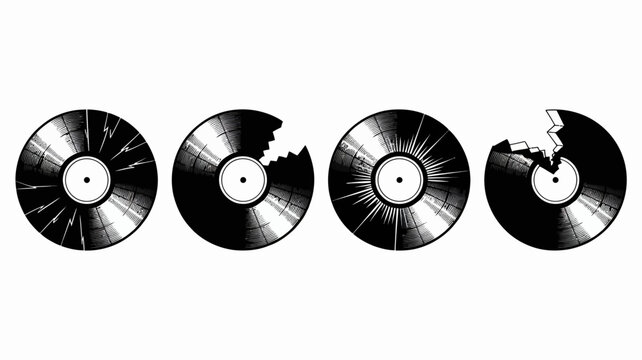 Broken vinyl records with increasing damage in a sequence
