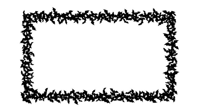 Bat Border: A decorative rectangular border composed of a swarm of silhouetted bats, creating a spooky and festive Halloween or gothic design element.