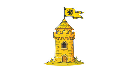 Medieval Yellow Castle Tower with Flag and Lion Emblem © panut