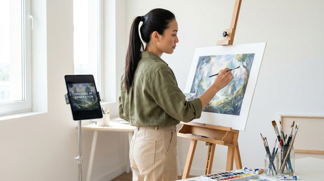 Asian Female Artist Painting Watercolor Landscape on Easel in Bright Creative Studio