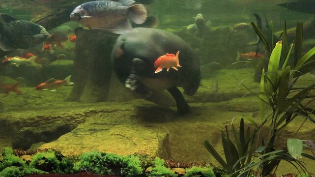 Pygmy hippo Moo Grob swimming gracefully underwater in a giant glass tank with colorful carp fish