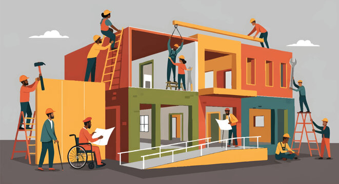 Diverse Team of Construction Workers and Architects Building a Sustainable Modern House Together, Inclusive Workplace and Community Development Flat Illustration