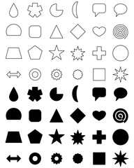 Fototapeta premium Geometric shapes and symbols icon set with outline and solid styles isolated on white background, including stars, hearts, arrows, speech bubbles and abstract elements