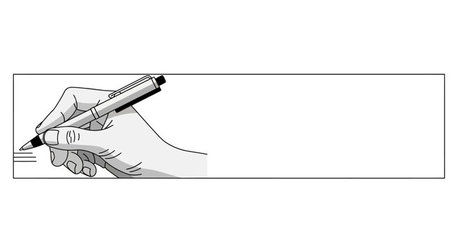 A detailed black and white line drawing of a human hand holding a pen while writing.