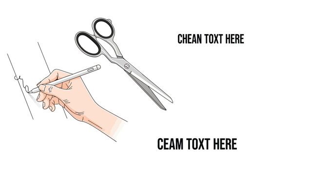 A hand drawing a line with a pencil next to a pair of scissors.