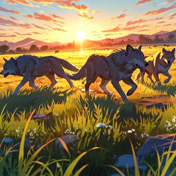 A stunning sunset illuminates a serene landscape where wolves roam freely across the vibrant fields, showcasing nature's beauty and the grace of these majestic creatures.