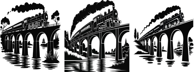Vintage train bridge icons, black silhouette illustrations, steam locomotive graphics, vector graphics set © Sadiya