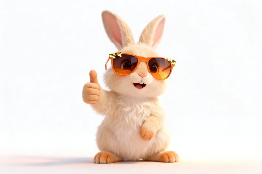 A cute white rabbit wearing orange sunglasses giving a thumbs up