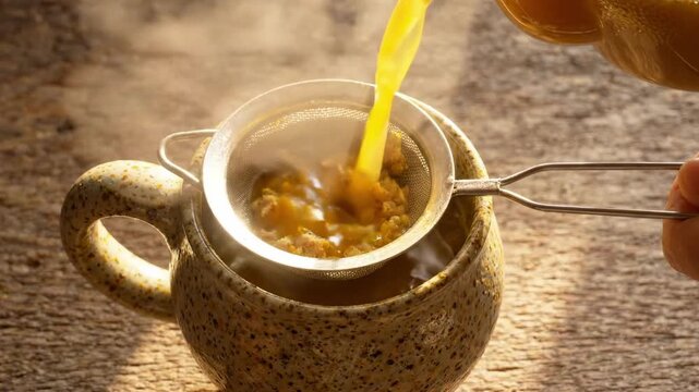 Pouring golden broth through strainer into speckled ceramic mug