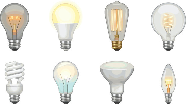 Light bulb vector set featuring classic incandescent glass bulbs led lamps retro edison filaments fluorescent spirals and candle bulbs for electricity graphic designs