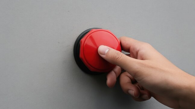 Hand presses large red button on gray panel. Person makes important decision. Start or stop function. Activating system. Urgent choice. Risk moment. Final action.