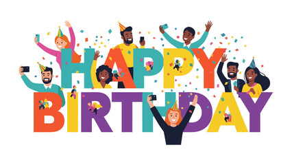 Fototapeta premium Happy Birthday Celebration: A vibrant and colorful illustration depicts a joyous birthday celebration with diverse people raising their arms in excitement, confetti falling.