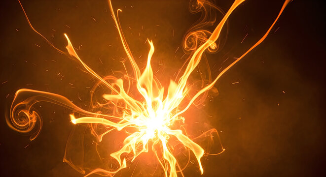 Abstract fire explosion with swirling flames and glowing sparks, dynamic orange and yellow light trails on a dark background, high energy burst concept