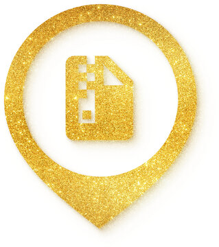 File archive icon in gold glitter location pin shape for file archive compress zip storage backup data document and cloud management on transparent background.
