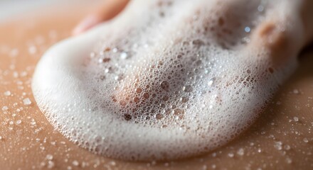 Fototapeta premium Close up of white soap foam on human skin.