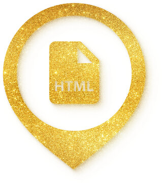 File HTML icon in gold glitter location pin shape for file HTML code web developer markup frontend page structure and development on transparent background.