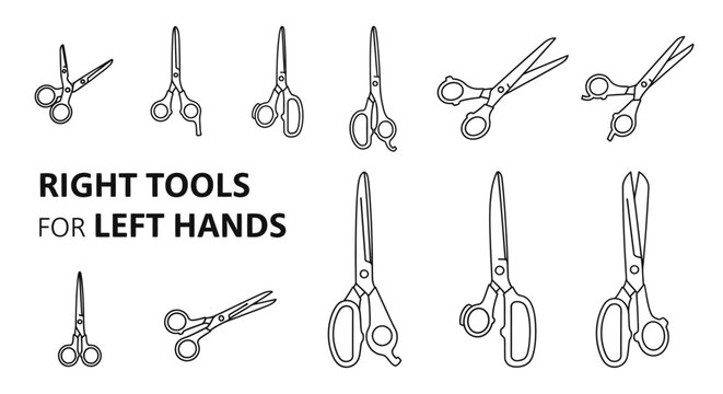 A collection of various left handed scissors illustrated in a clean line art style.