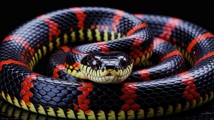 Fototapeta premium Coiled black snake with red and yellow stripe pattern on black background