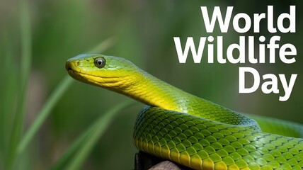 Fototapeta premium Bright green snake for World Wildlife Day celebration