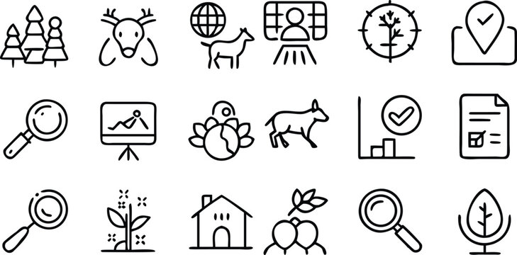A collection of outline icons represents various environmental concepts, including trees, animals, global data, and growth metrics, presented in a clean, minimalist design.