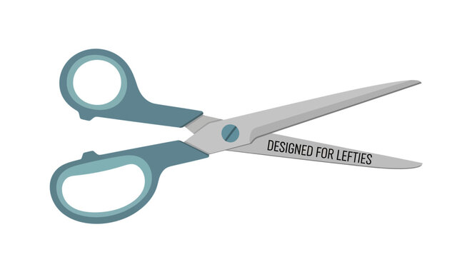 A pair of teal handled scissors designed specifically for left handed users.