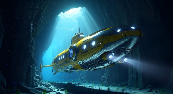Yellow submarine exploring a mysterious underwater cave with glowing lights.
