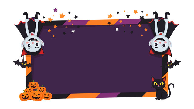 Spooky Halloween Frame: A playful Halloween-themed border featuring hanging vampires, bats, carved pumpkins, and a black cat, all set against a backdrop of purple, orange, and black stripes.