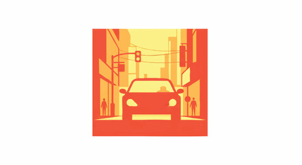 Fototapeta premium Flat Vector Illustration of a Car Driving Through a City Street at Sunset, Urban Traffic and Modern Building Skyline