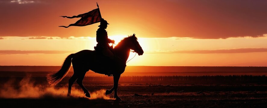 Warrior on horse rides across dusty plain at sunset. Rider carries tattered flag against vibrant orange sky. Majestic silhouette evokes bravery and ancient battle scenes.