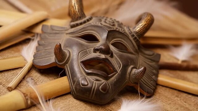 Intricately designed tribal mask resting on bamboo and feathers. Represents cultural heritage and artistic expression in traditional crafts