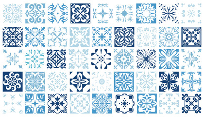 Mediterranean ceramic tiles with blue patterns and floral ornaments. Portuguese azulejo mosaic design for decorative walls, floors and traditional tile backgrounds. Vector illustration © Chorna_L