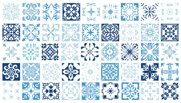 Mediterranean ceramic tiles with blue patterns and floral ornaments. Portuguese azulejo mosaic design for decorative walls, floors and traditional tile backgrounds. Vector illustration