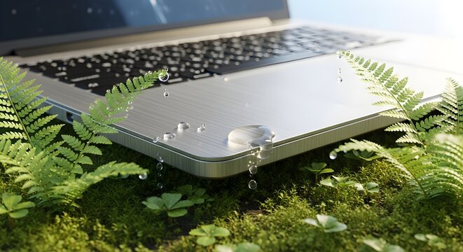 Silver Laptop with Water Droplets on Green Moss and Fern Leaves, Eco-Friendly Waterproof Technology Concept