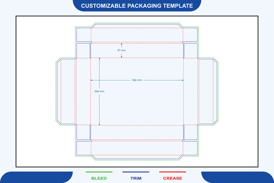 Cardboard tray box dieline template with four fold structure, featuring green bleed lines, blue trim lines, red crease lines, and dimension labels