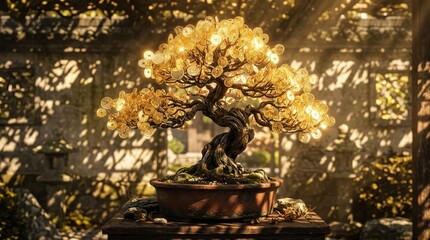 Obraz premium Bonsai Money Tree with Glowing Golden Coins in a Traditional Garden