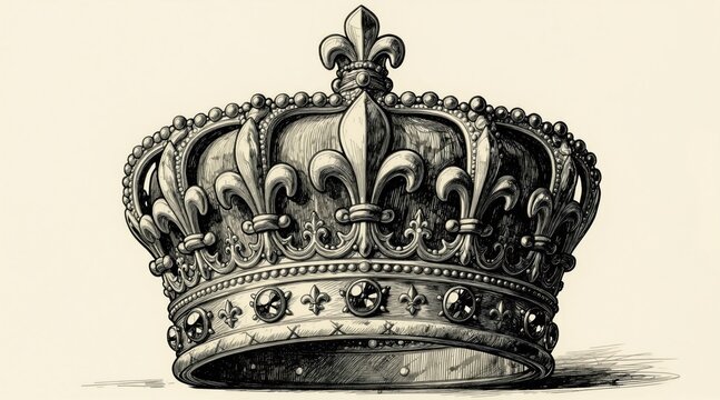 Detailed pencil sketch of royal crown adorned with fleur de lis symbols. Ornate headwear represents monarchy, power, and history. Elegant design for prestige themes.