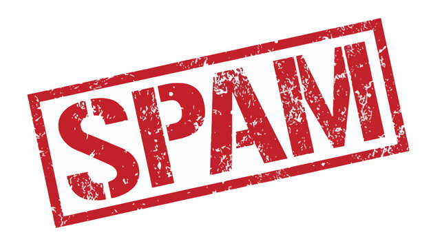 Grunge red spam rubber stamp icon for unsolicited junk mail digital security and email communication threats isolated on white background
