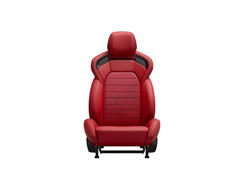 Vibrant red leather car seat, isolated on transparent background. Modern ergonomic design with perforated details. High-quality PNG cutout asset for automotive advertising, interior design, and