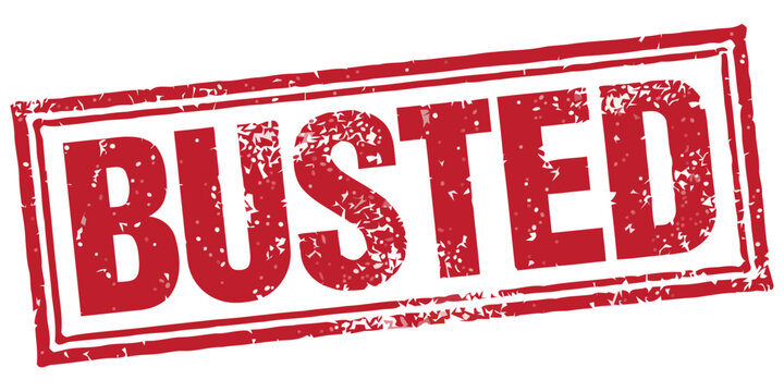 Vivid red rectangular rubber stamp, showcasing a grungy and worn texture with the impactful declaration 'BUSTED', perfect for conveying a sense of being caught or discovered
