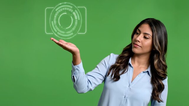 Woman interacting with holographic camera icons on green screen with subtle camera movement