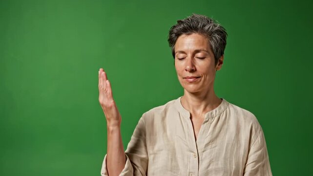 Woman gesturing with hands during interview on green screen background in studio lighting
